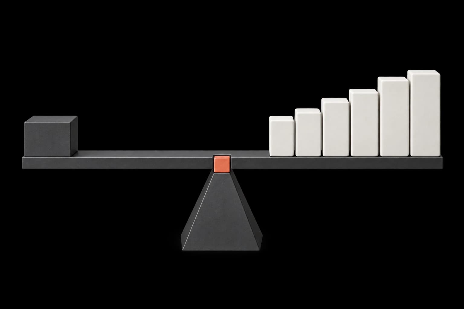 A charcoal cantilever holds six white forms in balance around a small coral joint.